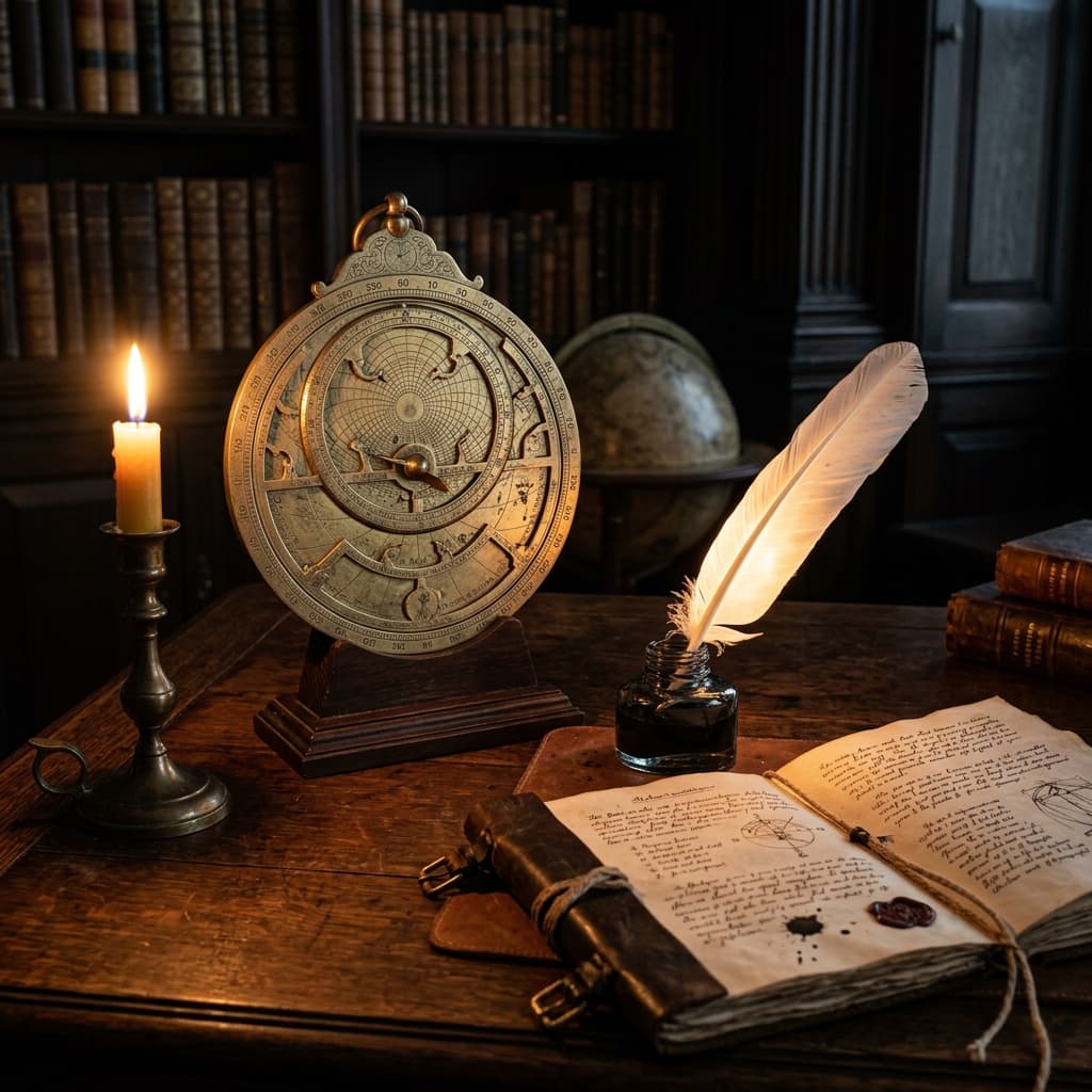 Vintage brass astrolabe and a feather quill pen