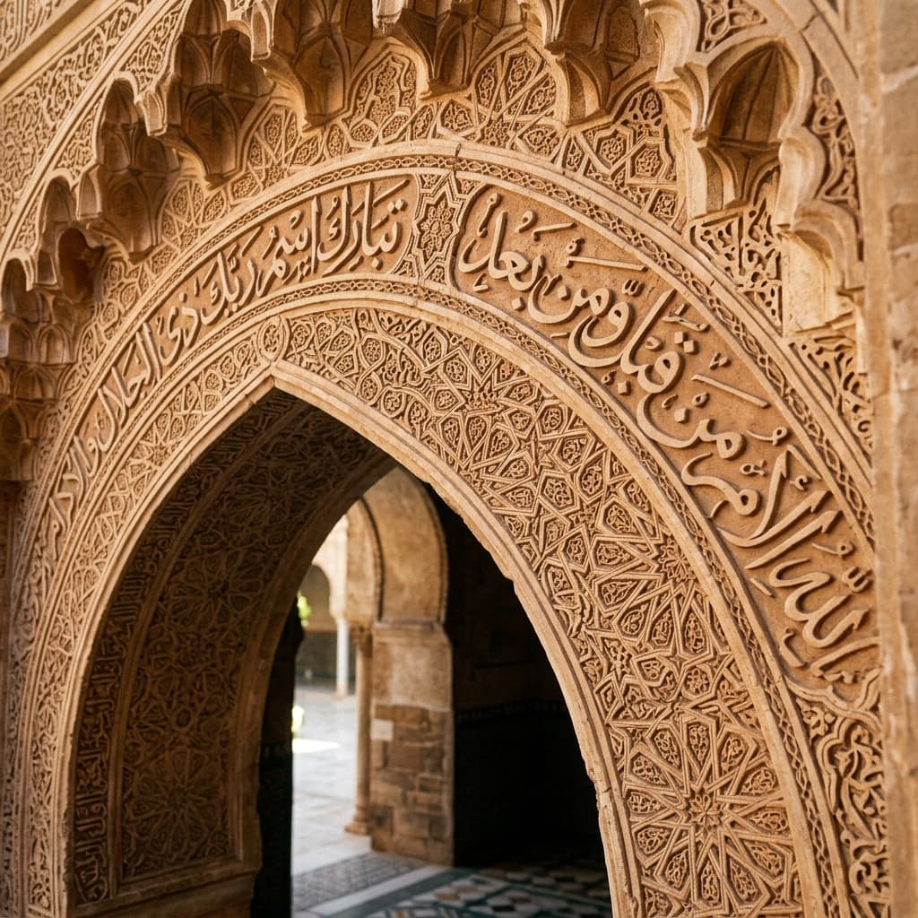 Elegant close-up of intricate warm sandstone Islamic geometric patterns