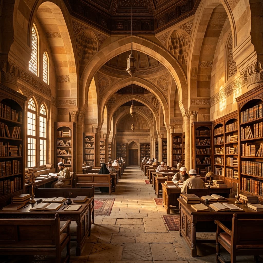 Sunlight in a scholarly library with islamic arches